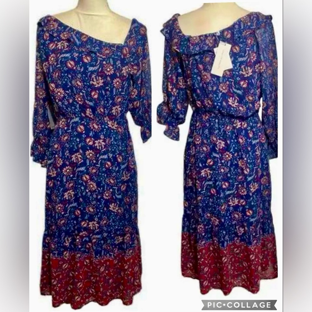 Collective Concepts Dress Blue Red Floral Midi Dress Asymmetrical NWT